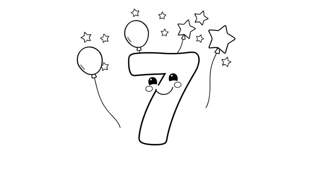 Cute number 7 color panel with a smiling face, balloons, and stars.