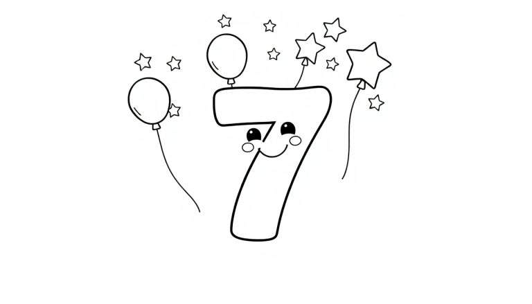 Cute number 7 color panel with a smiling face, balloons, and stars.