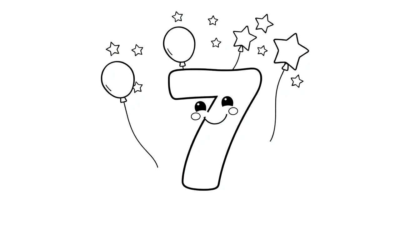 Cute number 7 color panel with a smiling face, balloons, and stars.