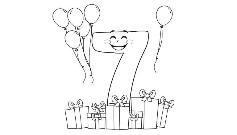 A happy cartoon number 7 with a face, surrounded by balloons and presents, ready for coloring. This is a black and white color panel.
