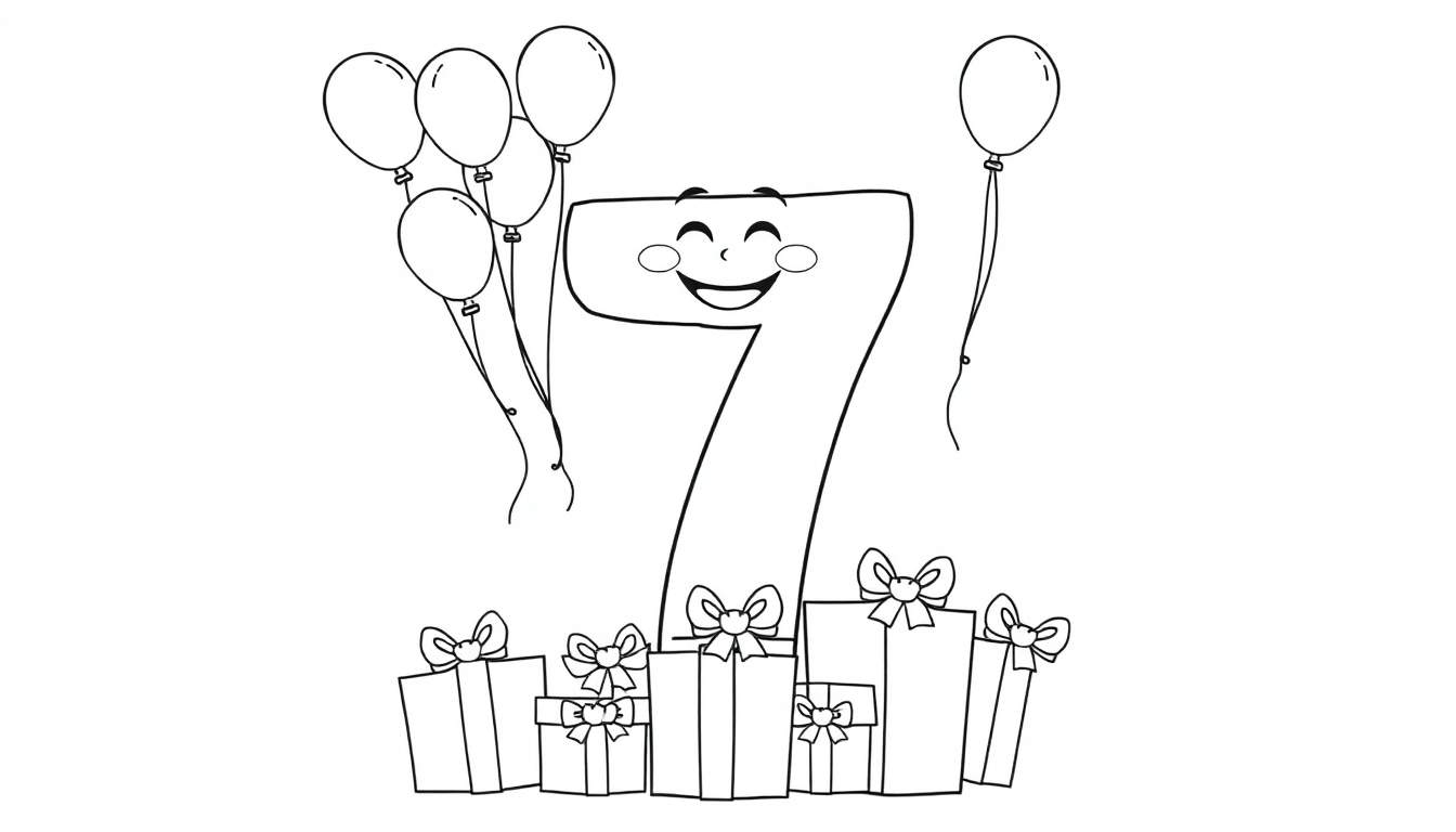A happy cartoon number 7 with a face, surrounded by balloons and presents, ready for coloring. This is a black and white color panel.