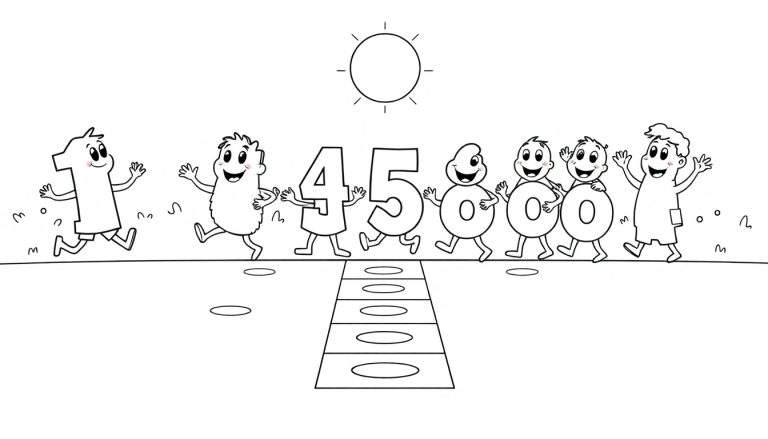A black and white color panel cartoon showing numbers 1, 4, 5, and zeros playing outside, with a sun and grass.