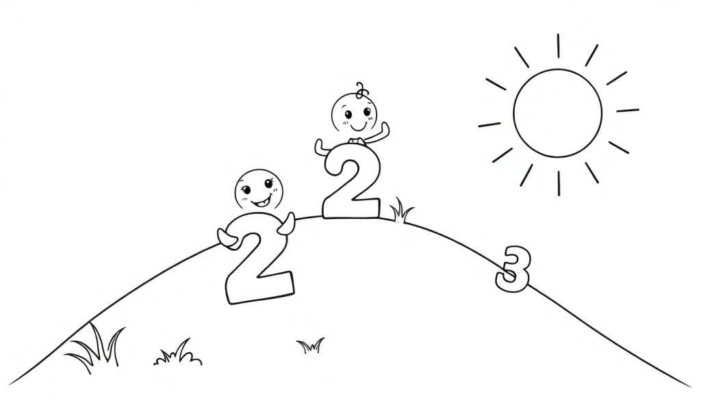 A cute black and white coloring page of big friendly numbers playing together on a sunny hill. No colors, just outlines for kids to color! This color panel is ready for fun!