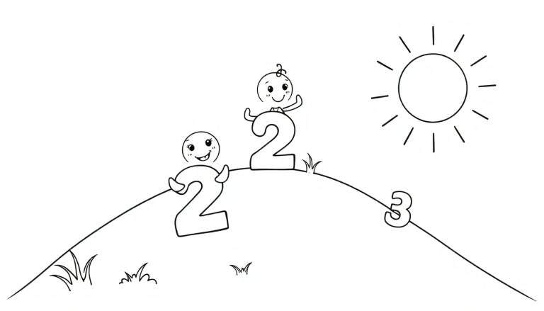 A cute black and white coloring page of big friendly numbers playing together on a sunny hill. No colors, just outlines for kids to color! This color panel is ready for fun!