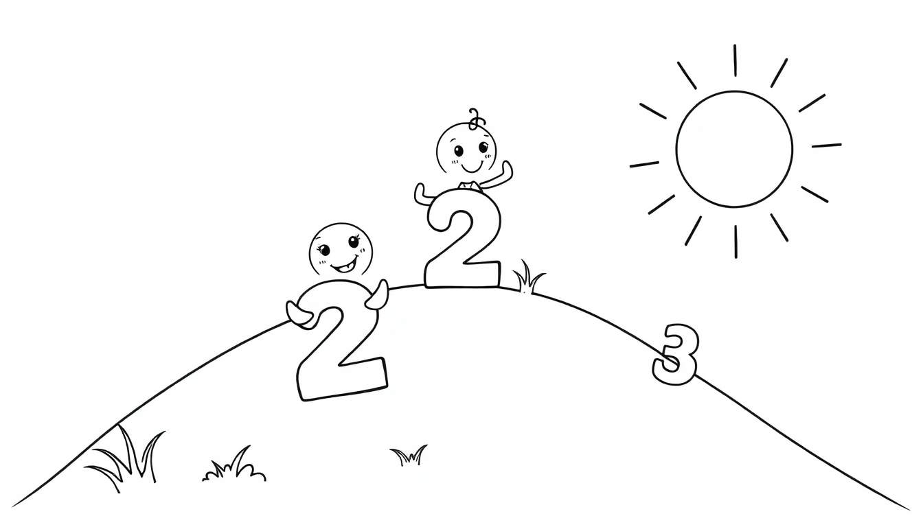 A cute black and white coloring page of big friendly numbers playing together on a sunny hill. No colors, just outlines for kids to color! This color panel is ready for fun!