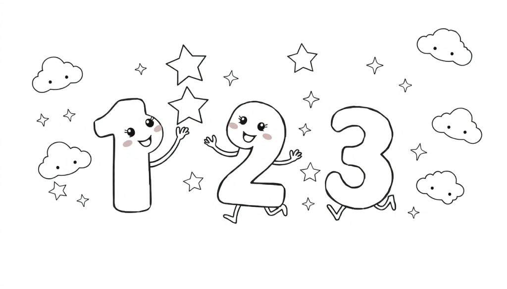 A black and white cartoon color panel showing numbers 1, 2, and 3 with faces and limbs, surrounded by stars and clouds.