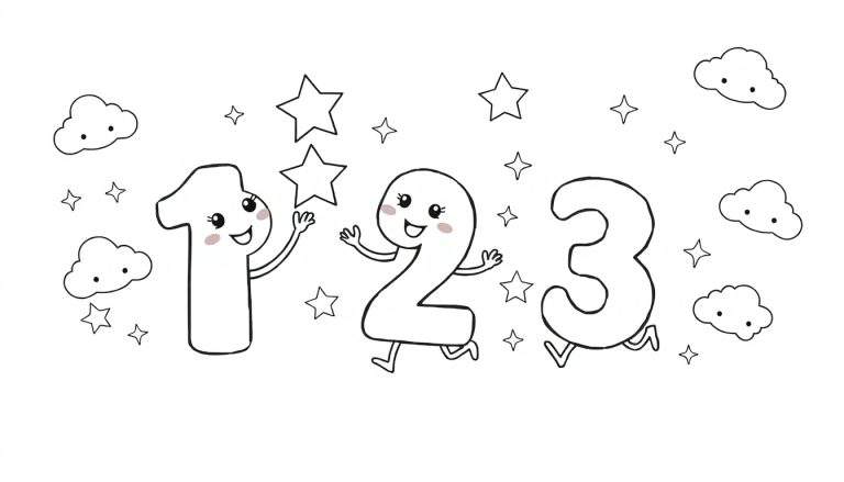 A black and white cartoon color panel showing numbers 1, 2, and 3 with faces and limbs, surrounded by stars and clouds.