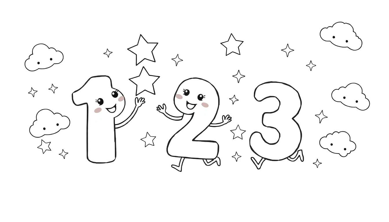 A black and white cartoon color panel showing numbers 1, 2, and 3 with faces and limbs, surrounded by stars and clouds.