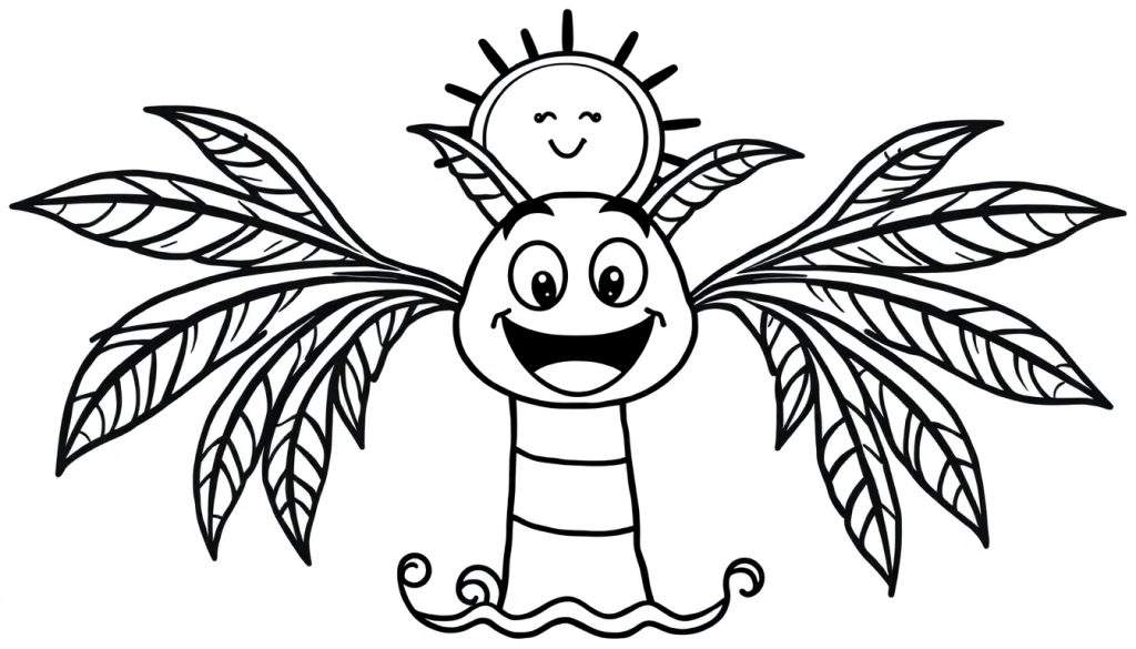 A happy palm tree coloring page in a color panel, with a smiling sun above and playful waves below.