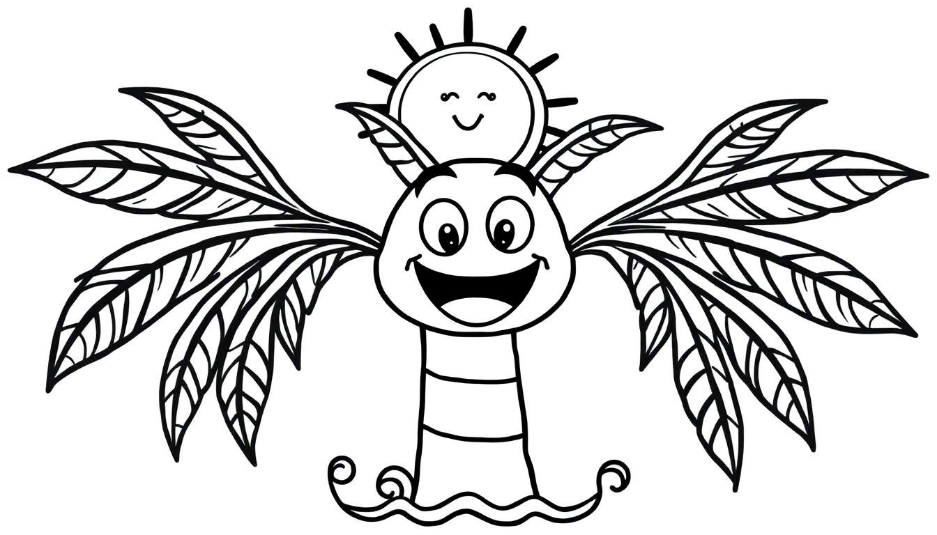 A happy palm tree coloring page in a color panel, with a smiling sun above and playful waves below.