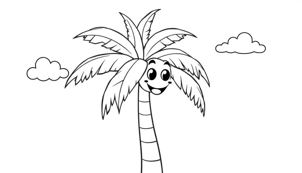 A happy black and white cartoon palm tree color panel with a smiling face and puffy clouds.