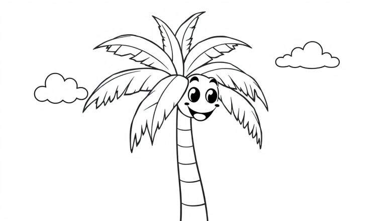 A happy black and white cartoon palm tree color panel with a smiling face and puffy clouds.