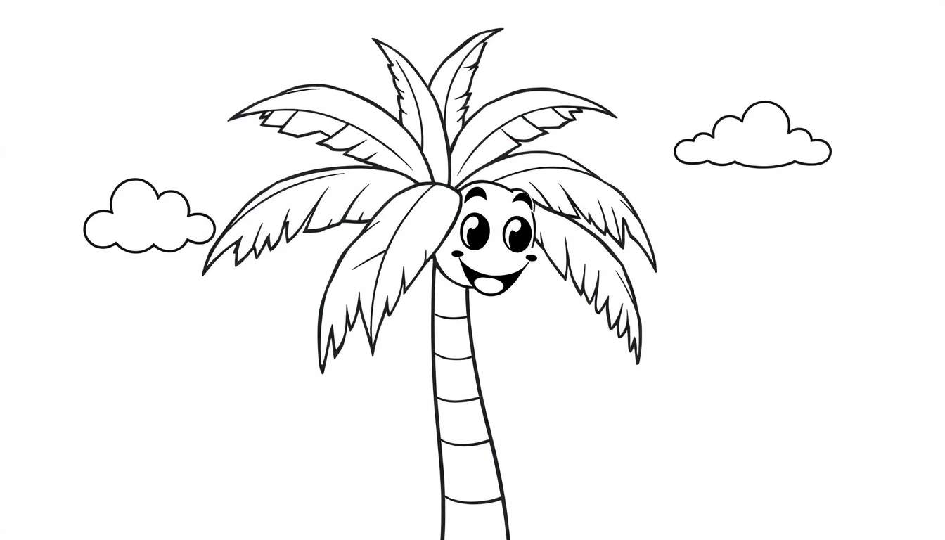 A happy black and white cartoon palm tree color panel with a smiling face and puffy clouds.