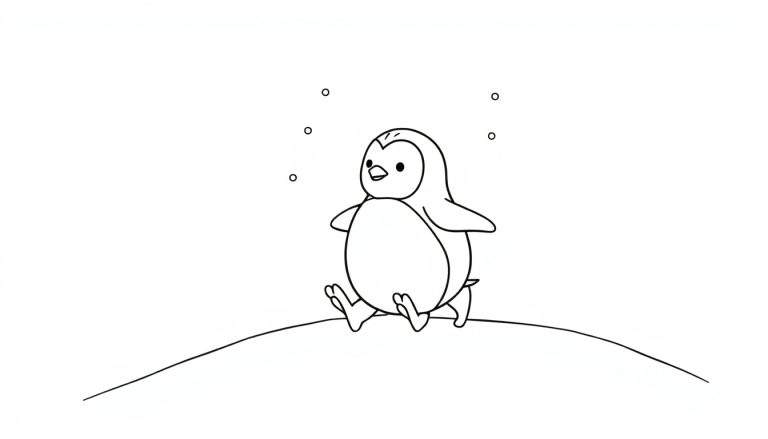 A cute baby penguin on a snowy hill, ready for coloring. A fun color panel awaits!