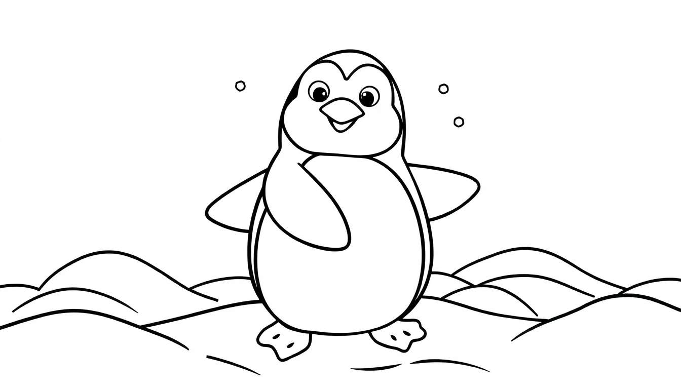 A cute black and white cartoon penguin is ready to be colored in this fun color panel, standing on a snowy landscape with little snowflakes around it.