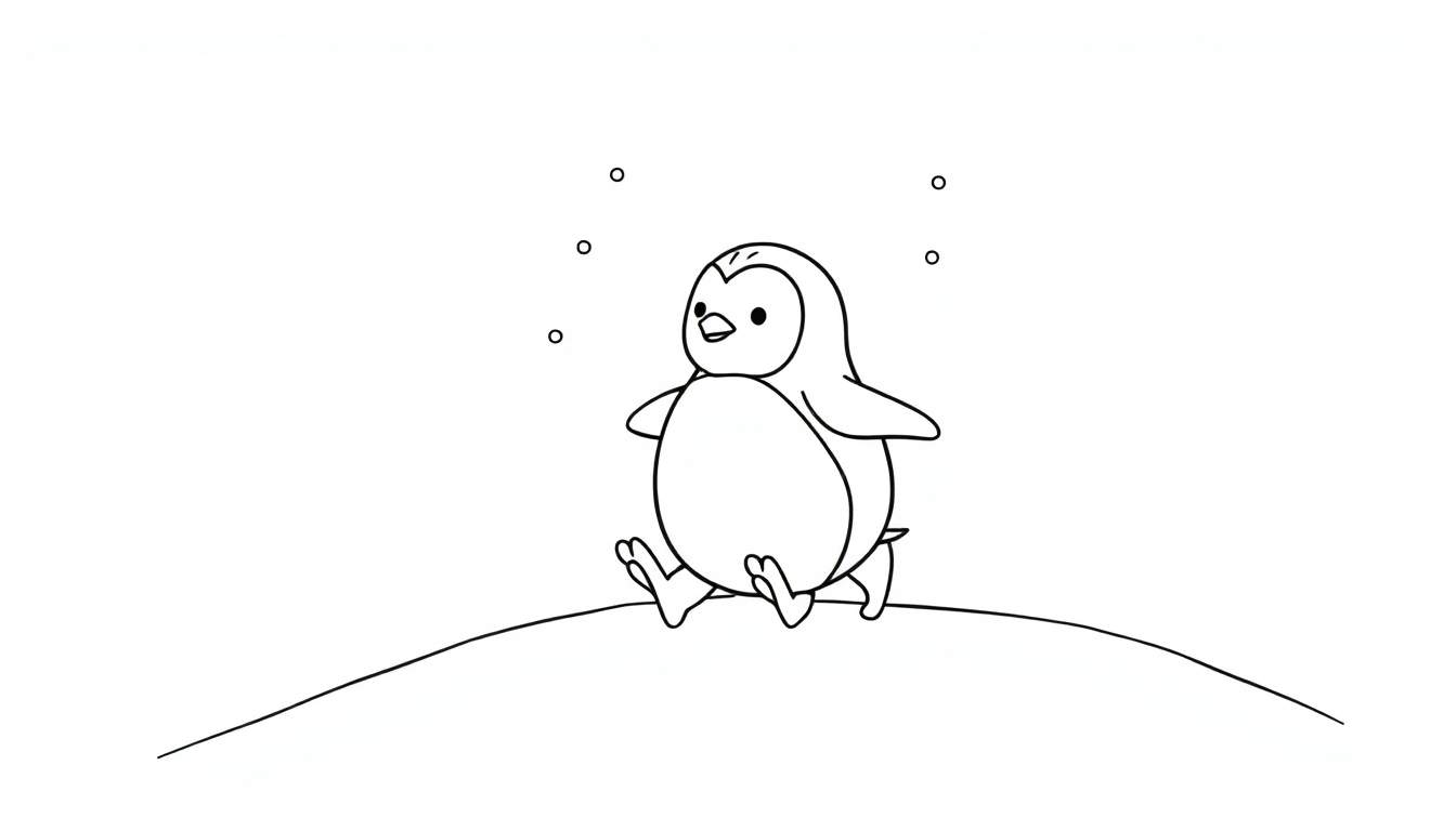 A cute baby penguin on a snowy hill, ready for coloring. A fun color panel awaits!