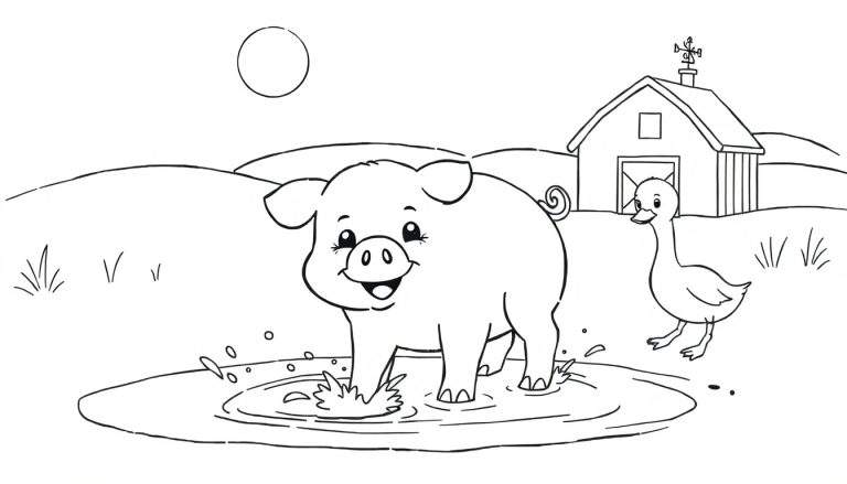 A cute piglet is having fun in a mud puddle on a farm coloring panel, with a duck walking nearby under a sun.