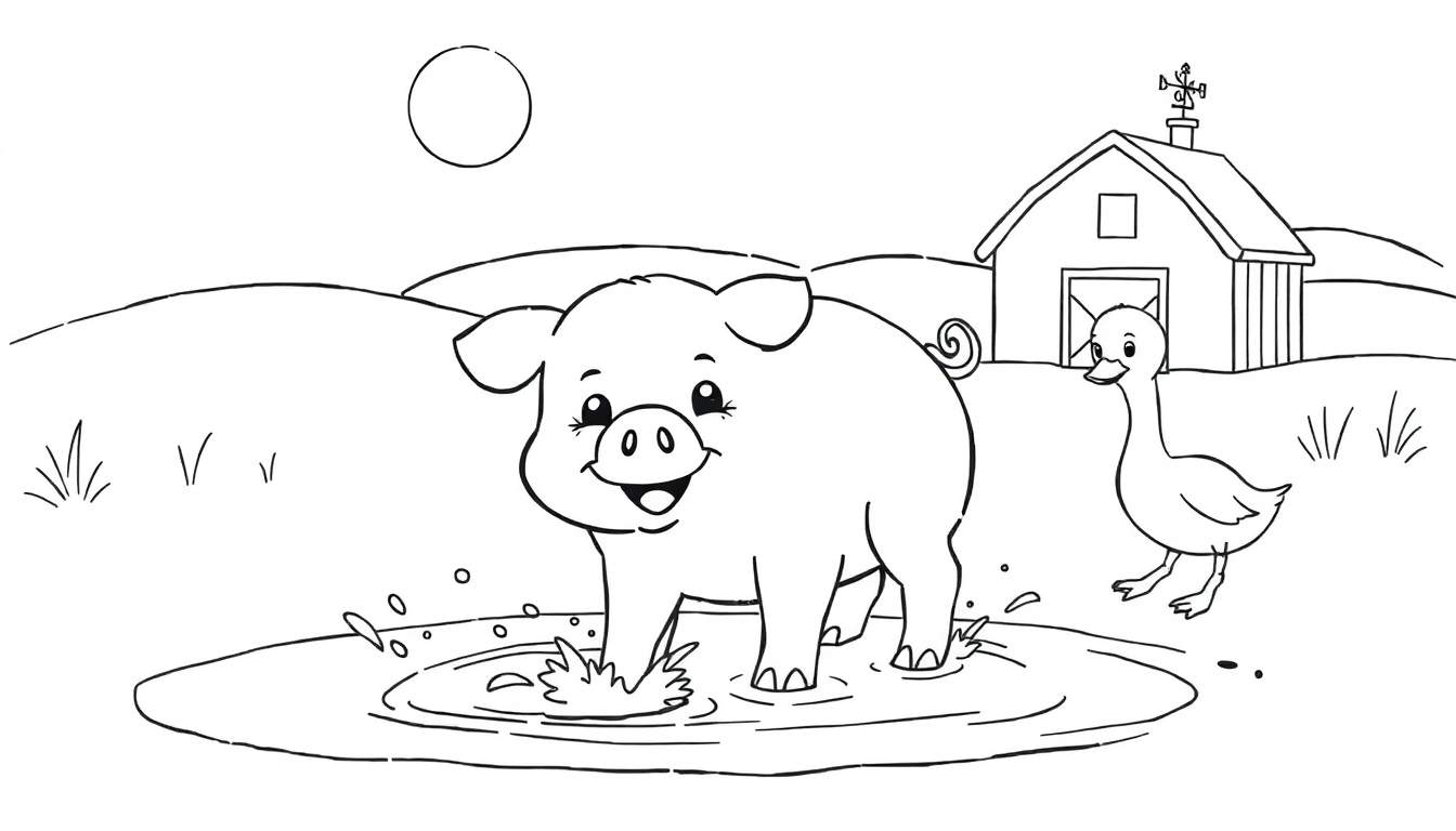 A cute piglet is having fun in a mud puddle on a farm coloring panel, with a duck walking nearby under a sun.