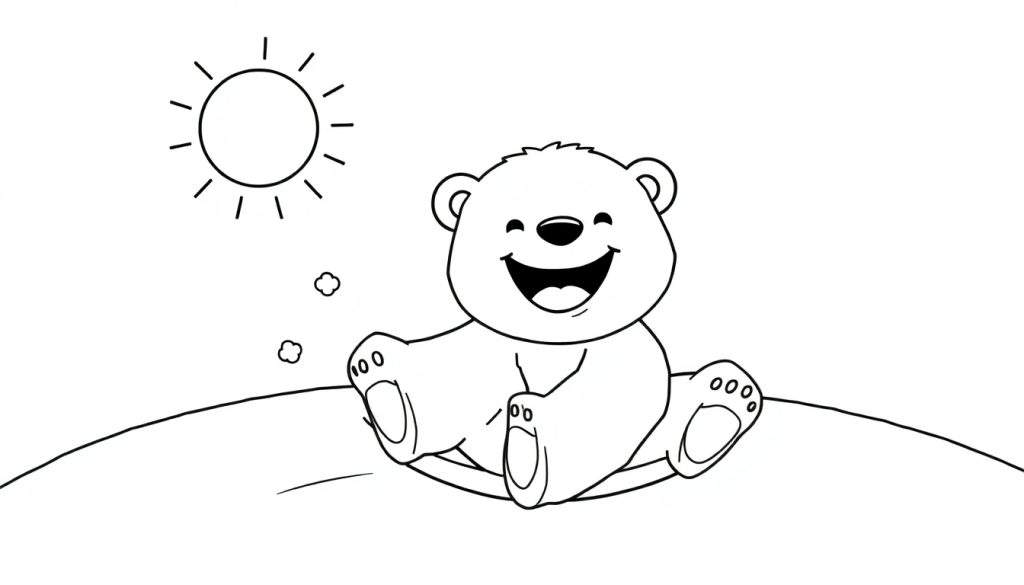 A black and white coloring page of a happy polar bear sitting on a snowy hill under a sunny sky, perfect for a color panel.