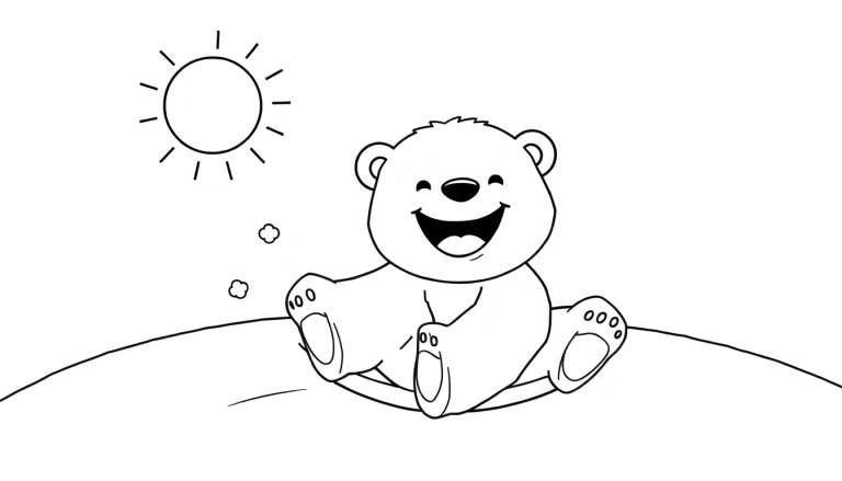 A black and white coloring page of a happy polar bear sitting on a snowy hill under a sunny sky, perfect for a color panel.