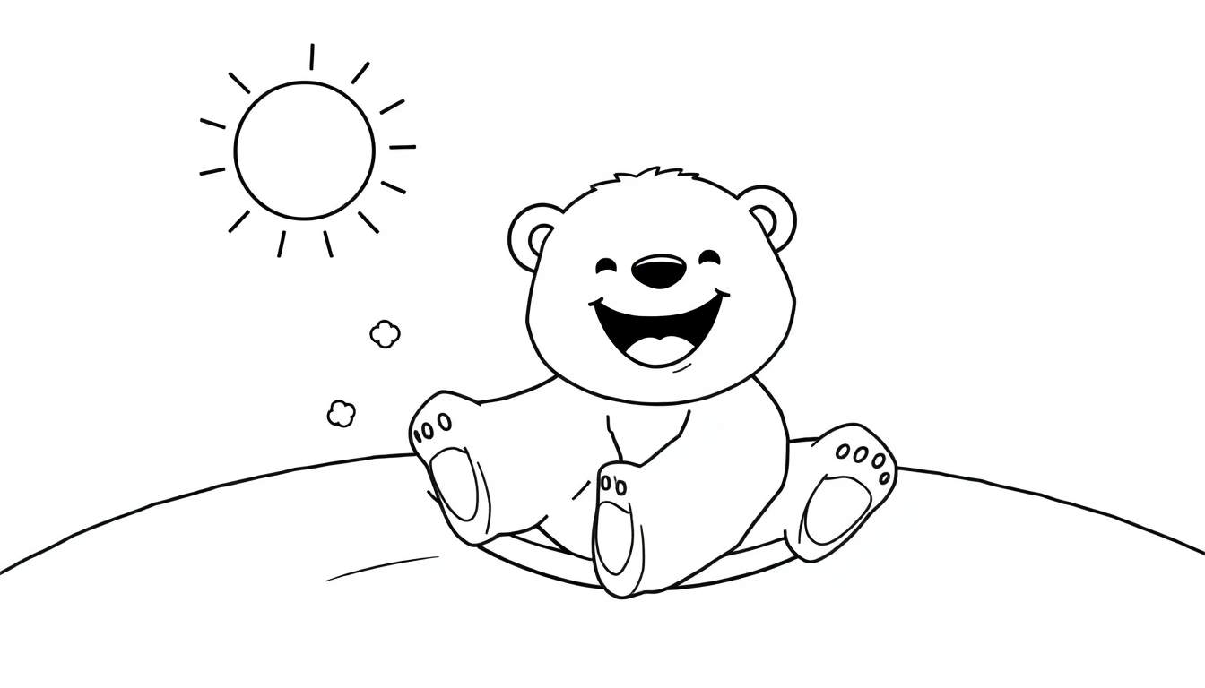 A black and white coloring page of a happy polar bear sitting on a snowy hill under a sunny sky, perfect for a color panel.