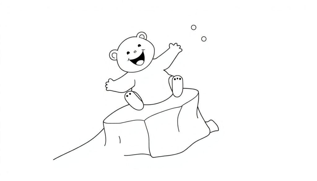 A friendly polar bear cub waving hello on a small iceberg, a black and white color panel.