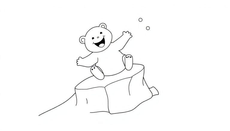 A friendly polar bear cub waving hello on a small iceberg, a black and white color panel.