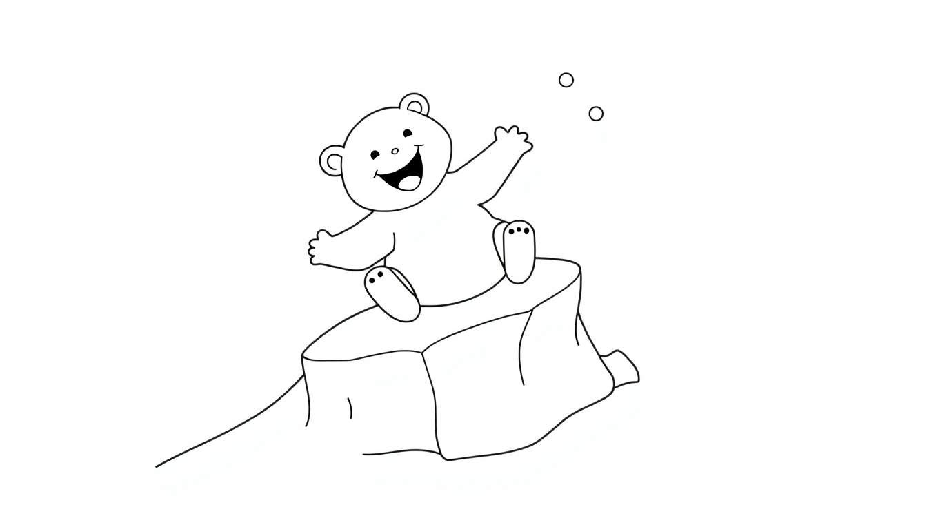 A friendly polar bear cub waving hello on a small iceberg, a black and white color panel.