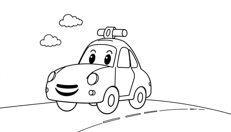 A friendly cartoon police car with a smiling face and a siren, driving on a road with clouds above. This color panel is ready for coloring.