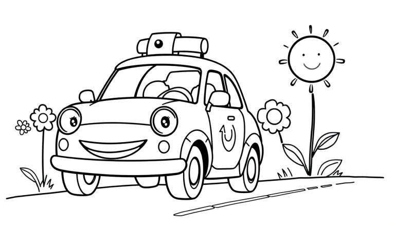 A friendly cartoon police car and a smiling sunflower, ready for a color panel adventure!