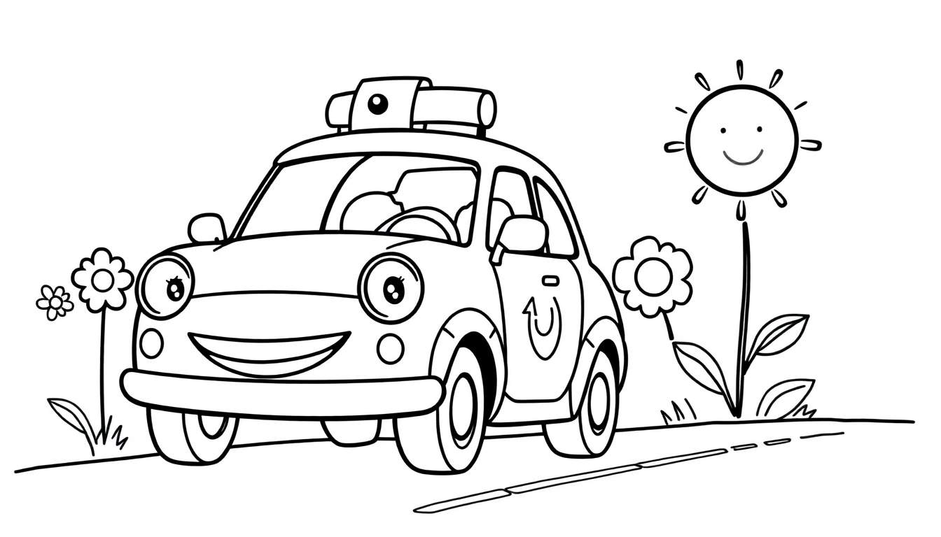 A friendly cartoon police car and a smiling sunflower, ready for a color panel adventure!