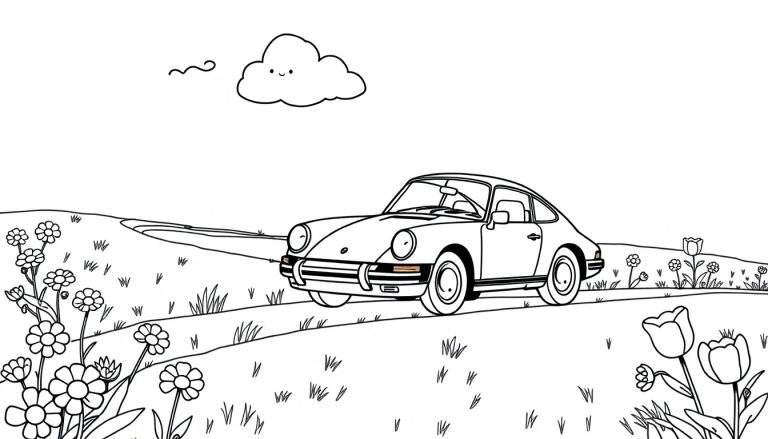 A cute, black and white coloring page of a little Porsche driving through a sunny meadow filled with flowers and happy clouds, a fun color panel for kids.
