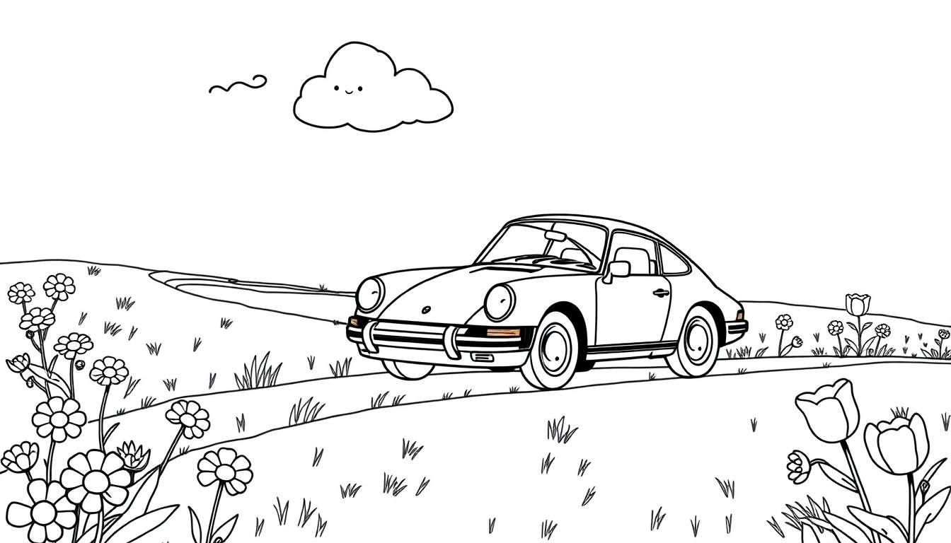 A cute, black and white coloring page of a little Porsche driving through a sunny meadow filled with flowers and happy clouds, a fun color panel for kids.