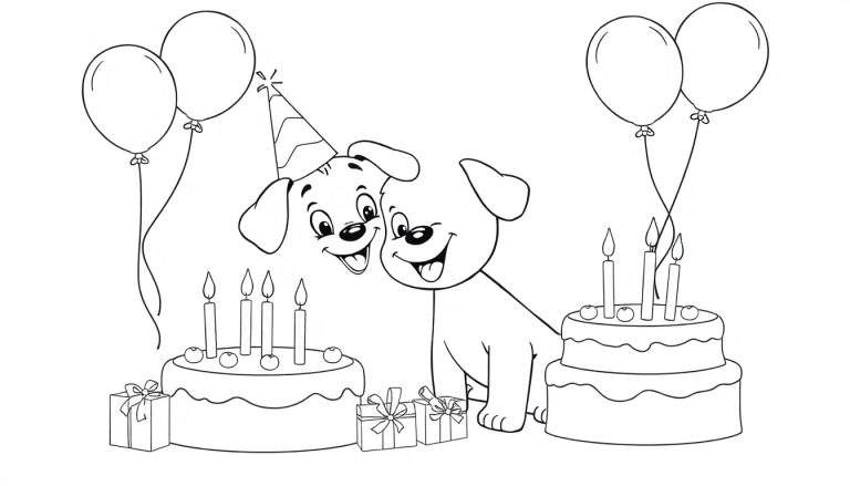 A black and white coloring panel of two happy dogs celebrating a birthday with a cake, balloons, and presents.