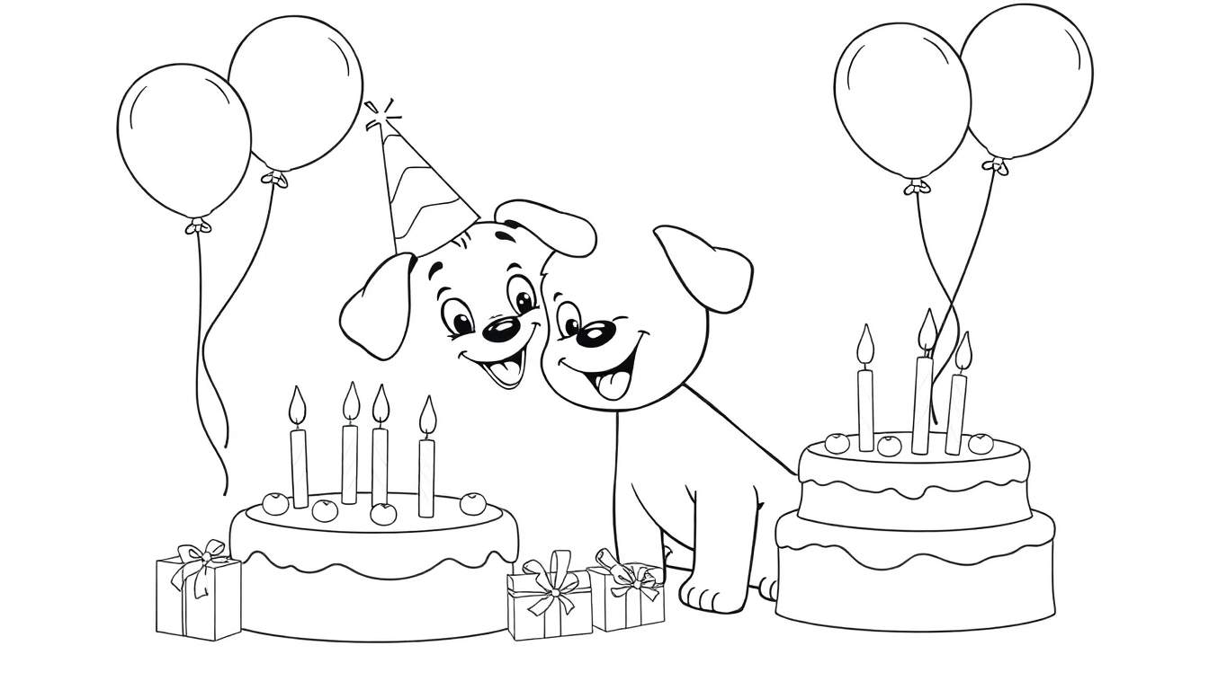 A black and white coloring panel of two happy dogs celebrating a birthday with a cake, balloons, and presents.