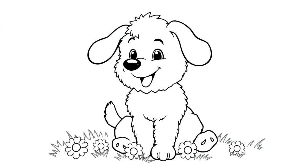 A cute, fluffy puppy sits in a flower field, ready to be colored. This delightful color panel features a happy dog.