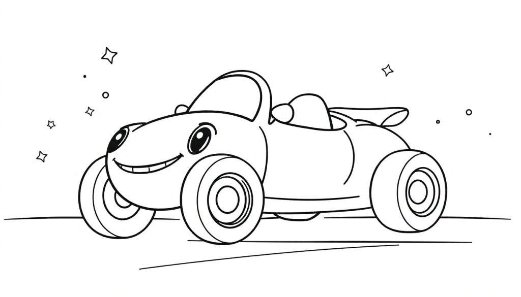 A cute black and white cartoon convertible race car with big happy wheels, ready for a coloring adventure on a color panel.