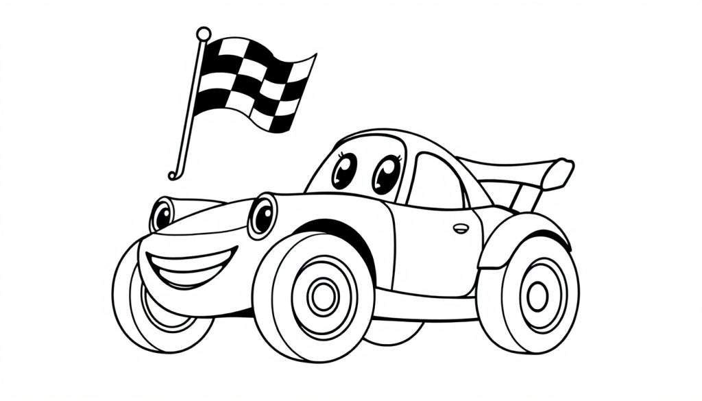 A black and white cartoon race car with a happy face, ready for the color panel.