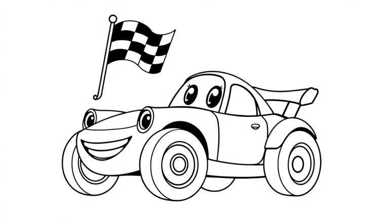 A black and white cartoon race car with a happy face, ready for the color panel.