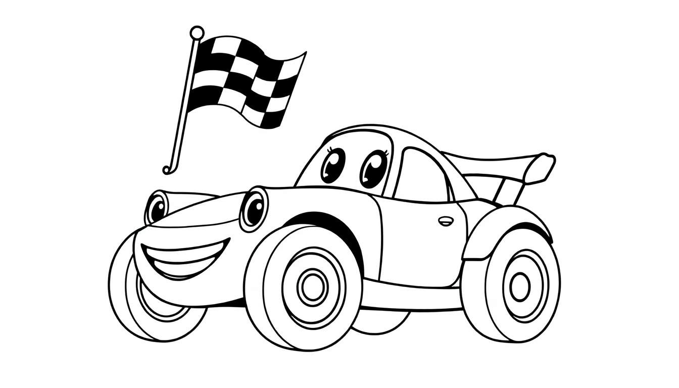 A black and white cartoon race car with a happy face, ready for the color panel.