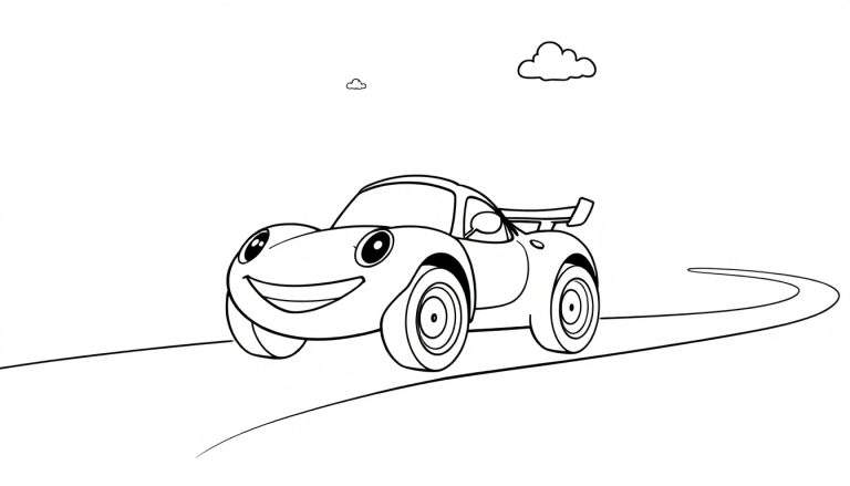 A smiling cartoon race car on a road, a fun coloring panel.