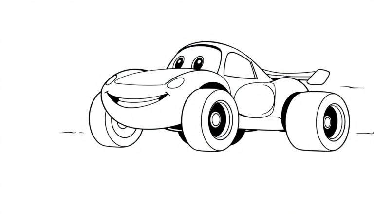 A smiling cartoon race car with big black and white tires, ready for a race. This is a color panel for kids.