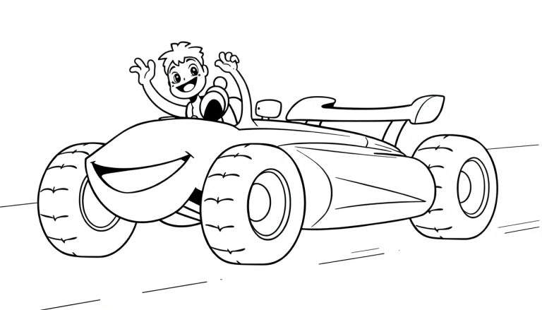 A happy child driver in a black and white cartoon race car, waving with a smile, on a track. This is a coloring panel.