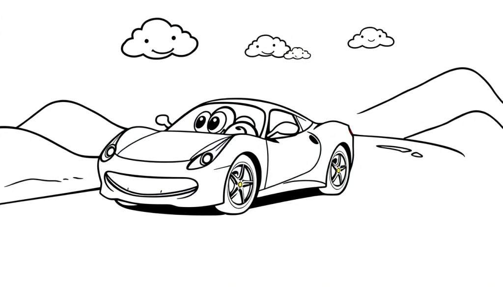 A smiling cartoon race car on a winding road, with smiling clouds in the sky, ready for a color panel.