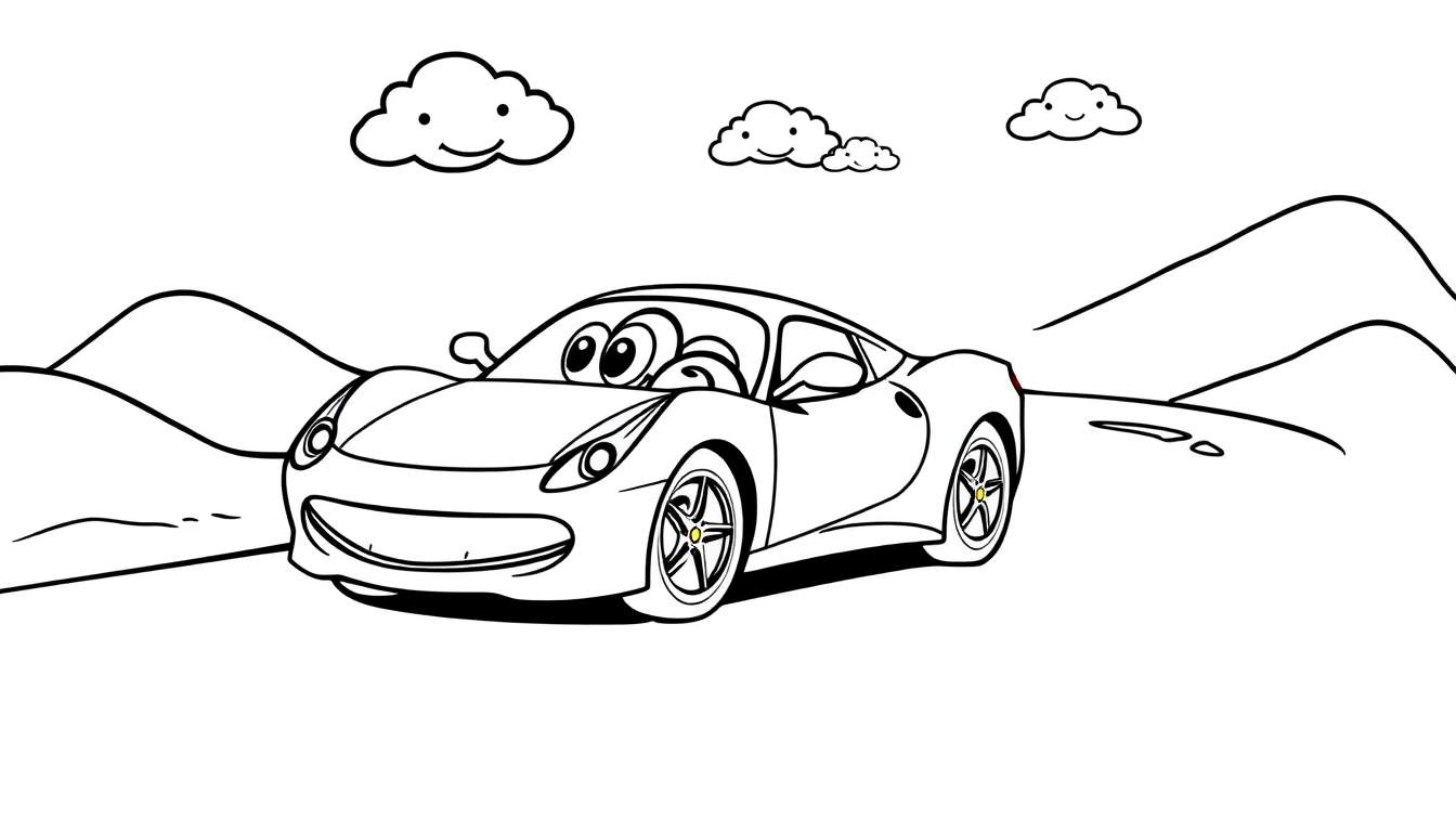 A smiling cartoon race car on a winding road, with smiling clouds in the sky, ready for a color panel.