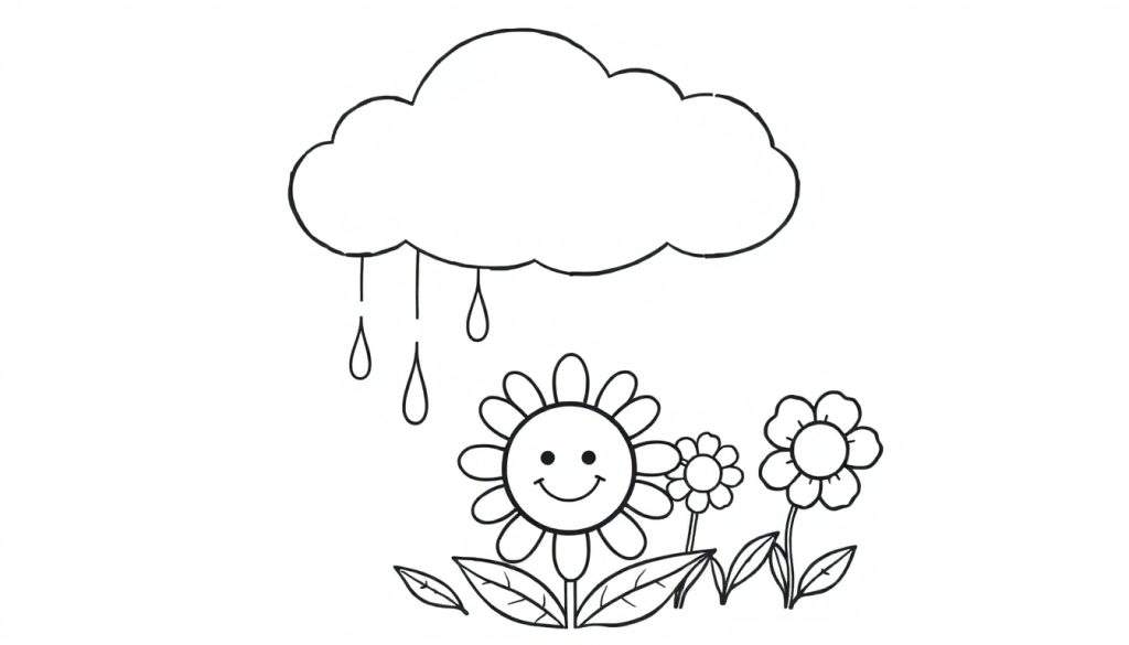A black and white cartoon color panel of a fluffy cloud raining gentle raindrops onto happy flowers, one of which has a smiling face.