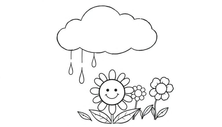 A black and white cartoon color panel of a fluffy cloud raining gentle raindrops onto happy flowers, one of which has a smiling face.