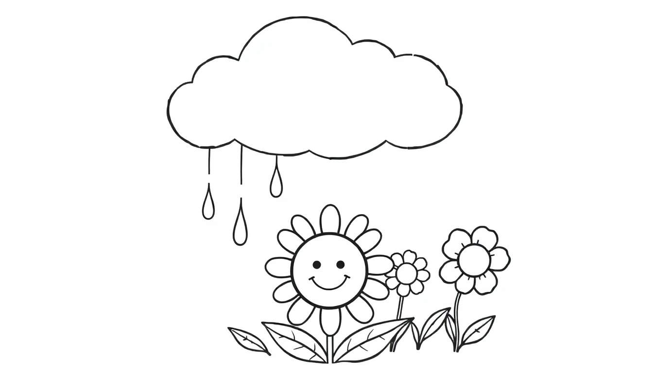 A black and white cartoon color panel of a fluffy cloud raining gentle raindrops onto happy flowers, one of which has a smiling face.