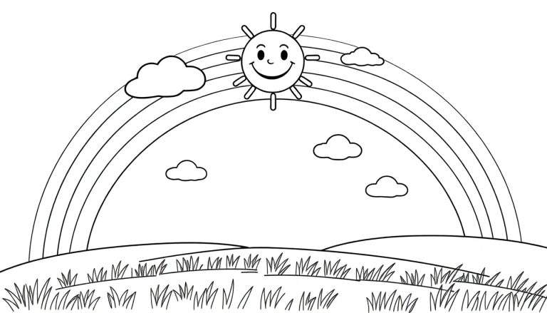 A coloring page showing a big, smiling rainbow arching over a landscape with a cheerful sun and fluffy clouds.