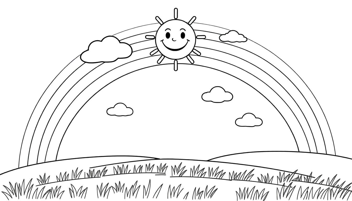 A coloring page showing a big, smiling rainbow arching over a landscape with a cheerful sun and fluffy clouds.